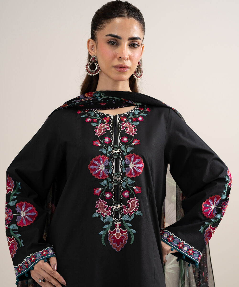 Women's Unstitched Dobby Embroidered Black 3 Piece Suit