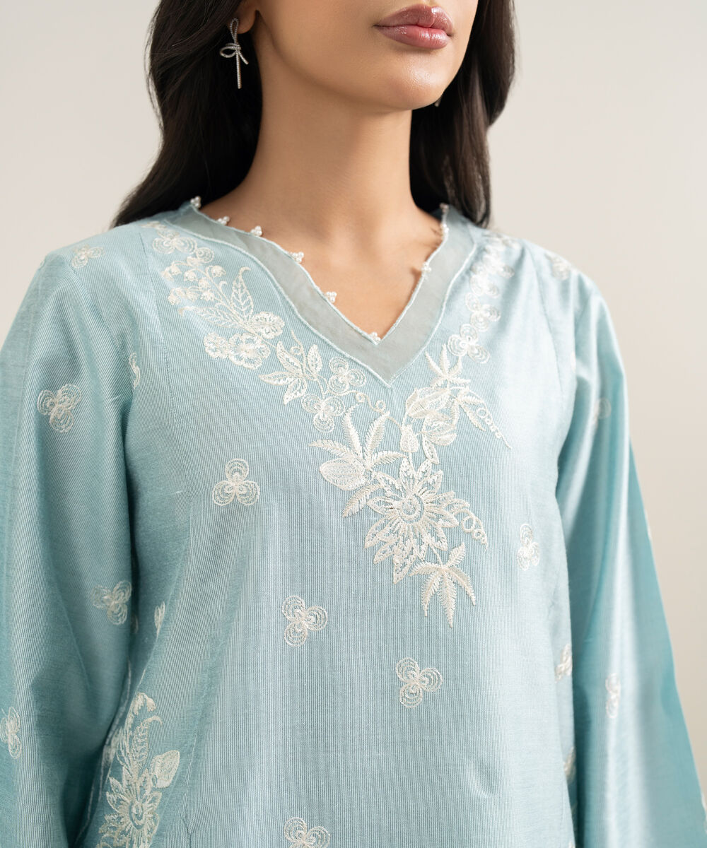 Women's RTW Silk Cotton Net Embroidered Blue 2 Piece Suit