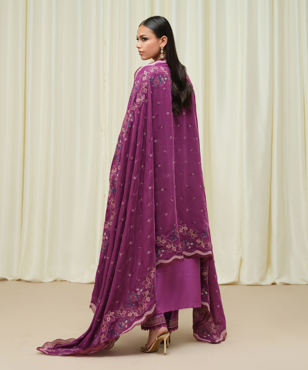 Women's Unstitched Raw Silk Embroidered Purple 3 Piece Suit