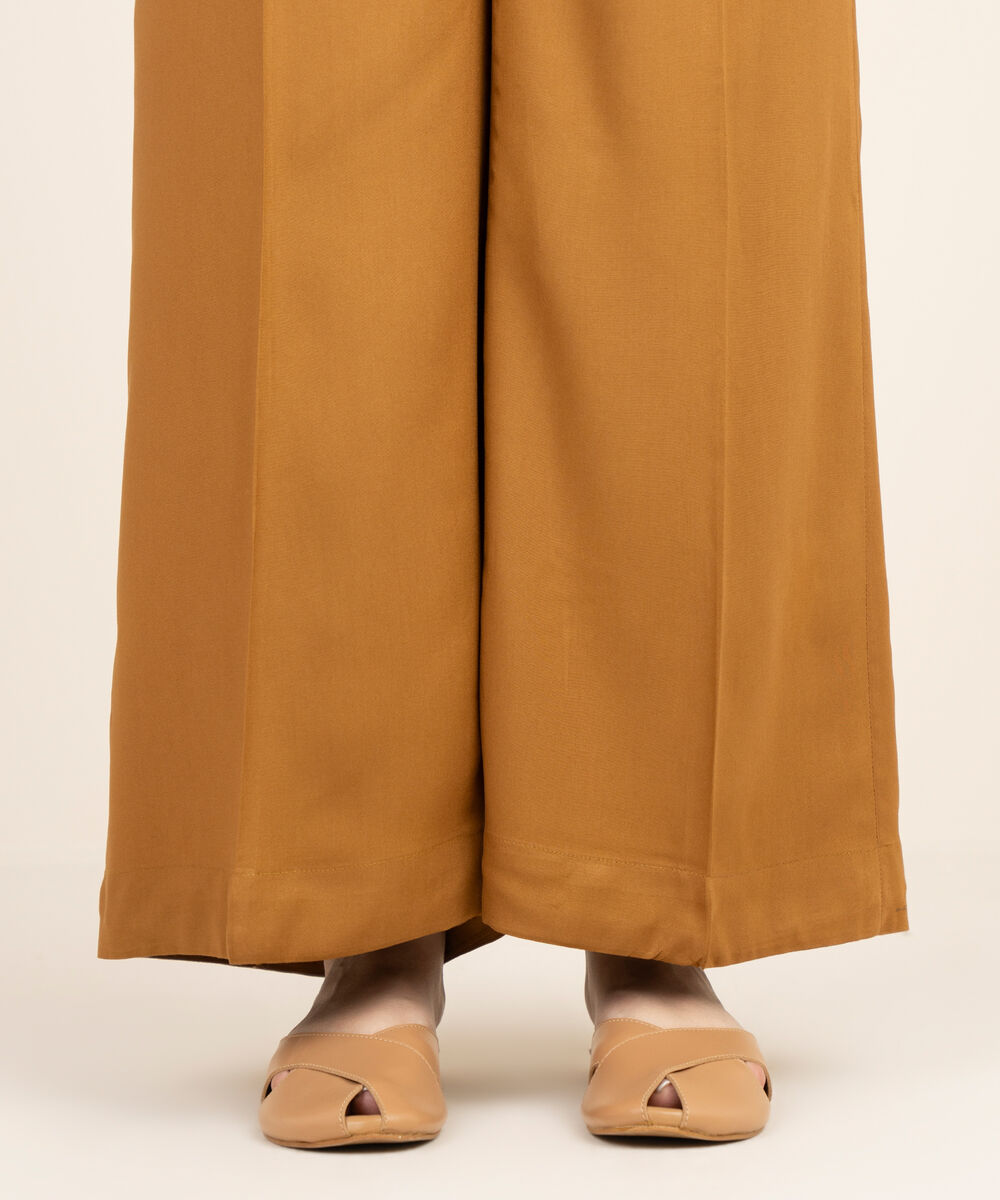 Women's RTW Viscose Linen Solid Brown Flared Pants