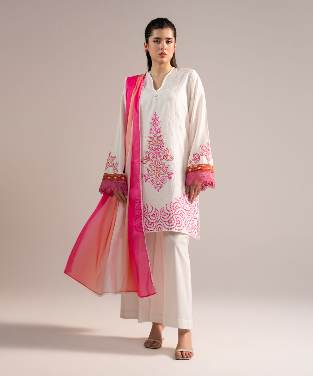 Women's RTW Cotton Satin Embroidered White 2 Piece Suit