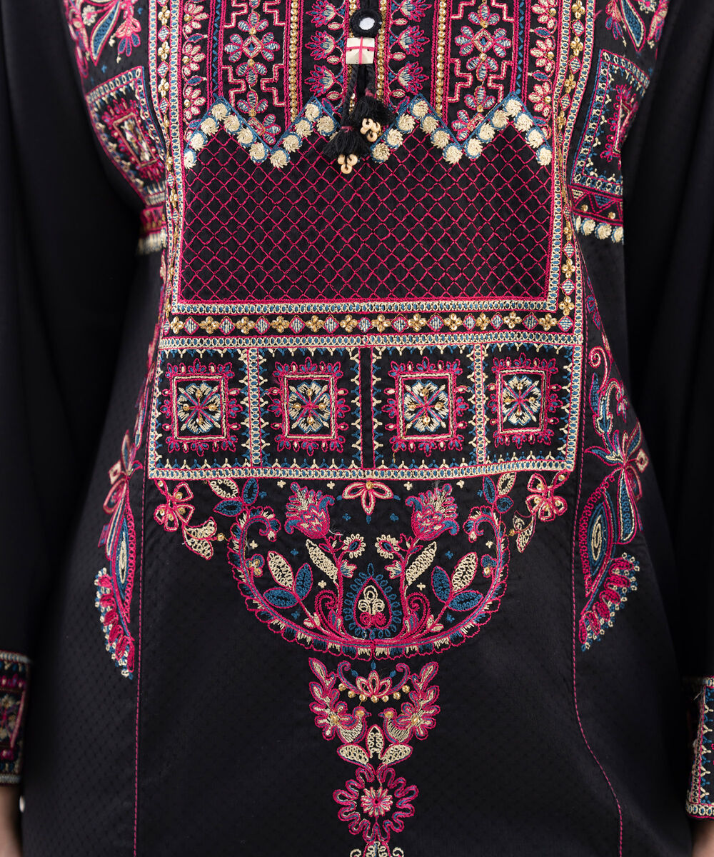 Women's RTW Textured Lawn Black Embroidered A-Line Shirt