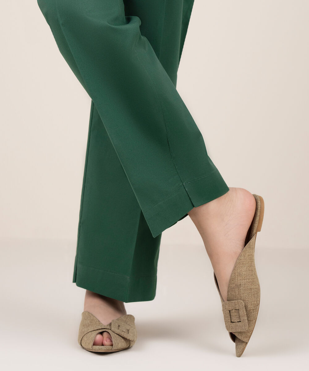 Women's RTW Cotton Solid Green Straight Pants