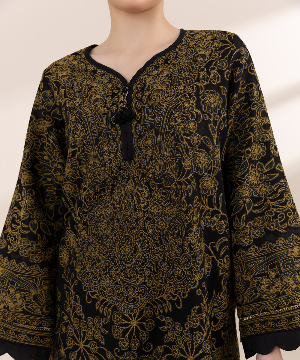 Women's RTW Extra Weft Jacquard Black Solid A-Line Shirt