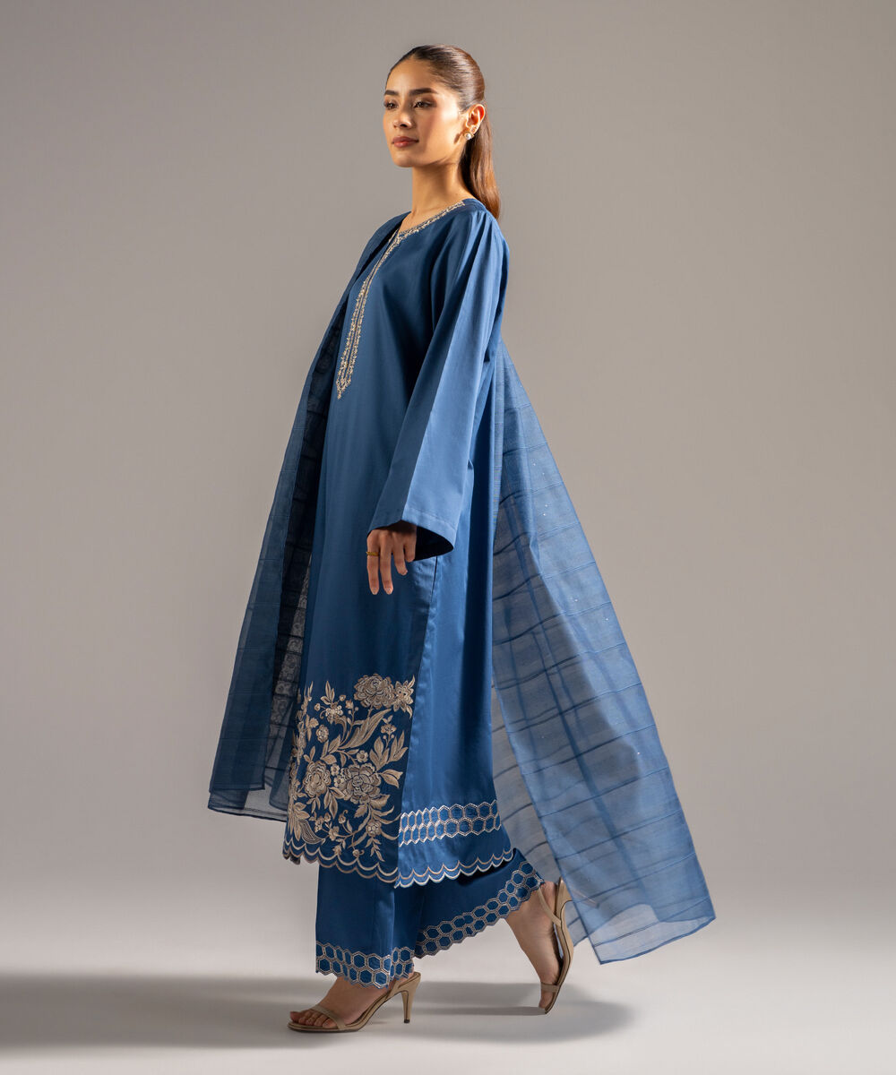 Women's RTW Cotton Satin Embroidered Dark Blue 3 Piece Suit