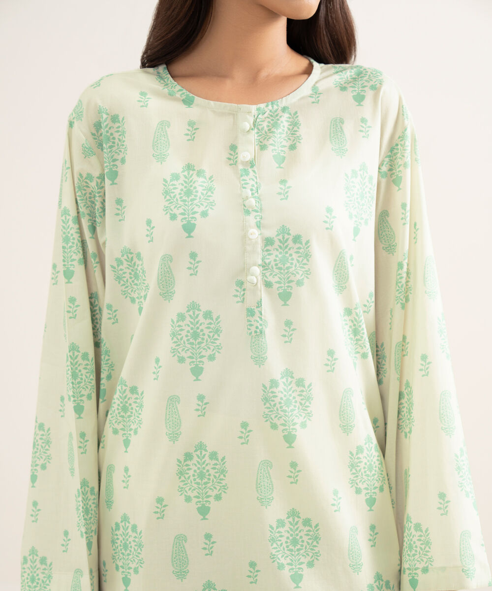 Women's RTW Lawn Printed Green Straight Shirt