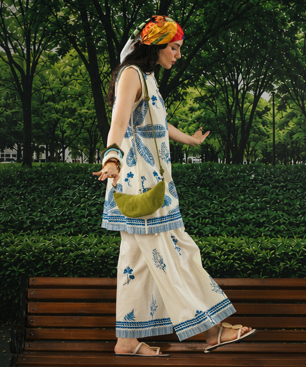 Women's RTW Slub Lawn Printed Off White Straight Shirt