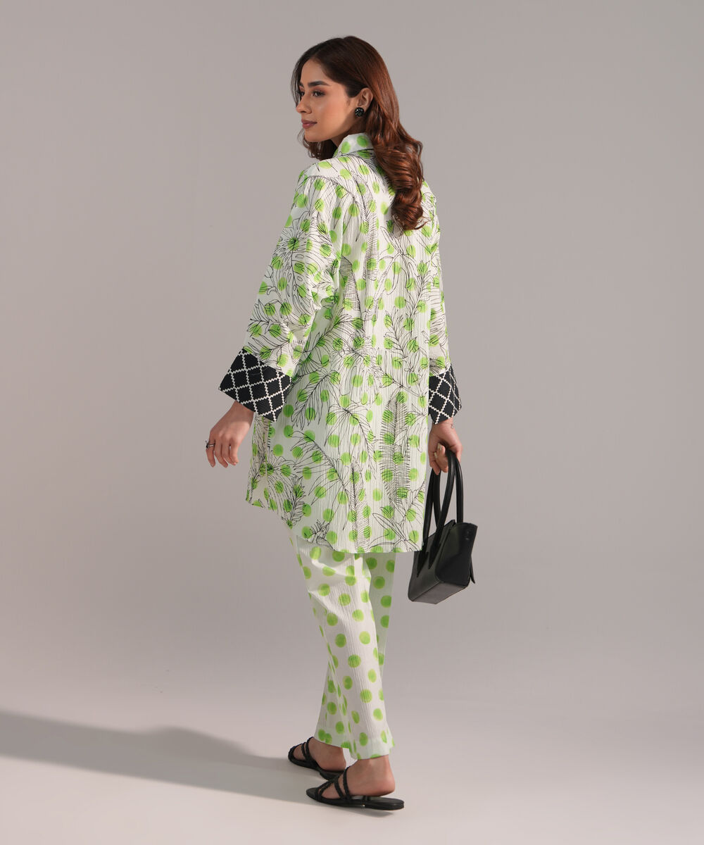 Women's RTW Seersucker Printed Green Drop Shoulder Shirt