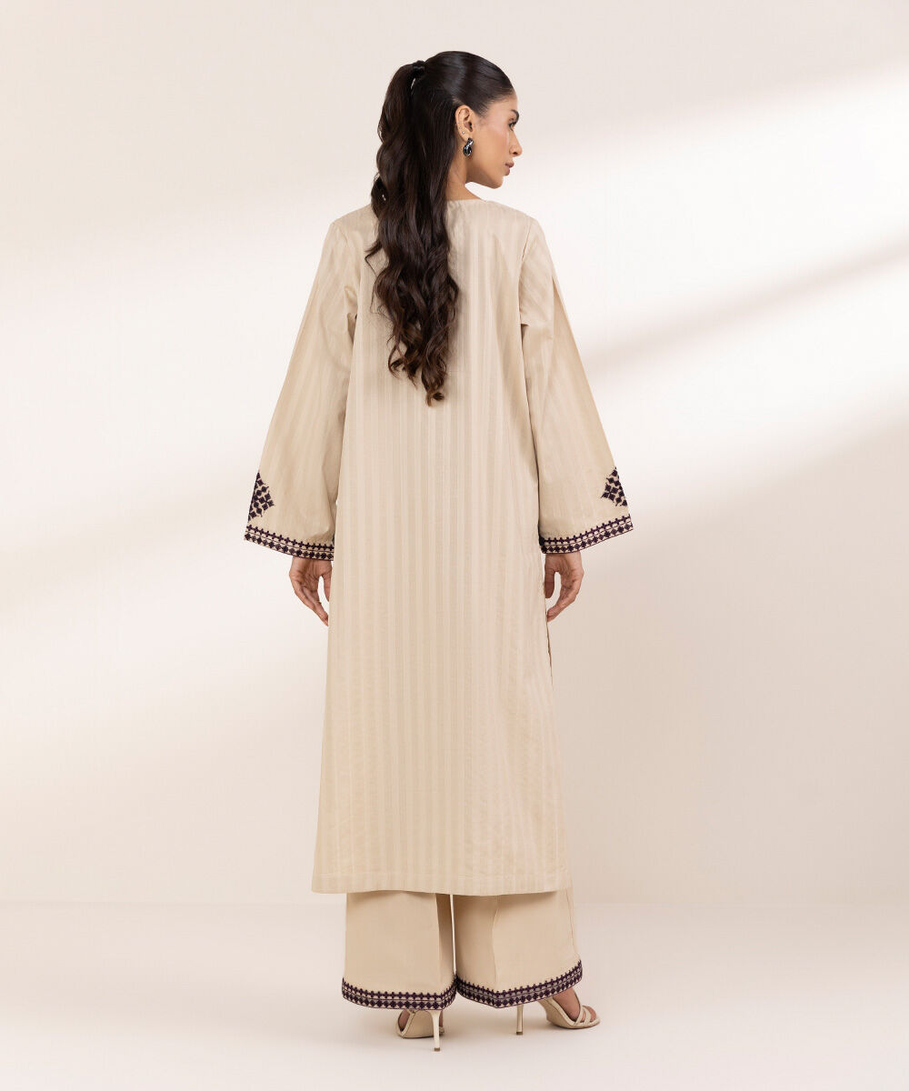 Women's RTW Textured Cotton Beige Embroidered A-Line Shirt