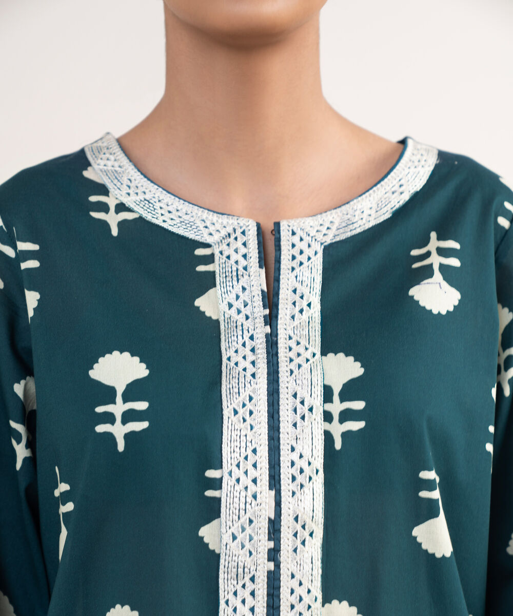 Women's RTW Lawn Green Embroidered Straight Shirt