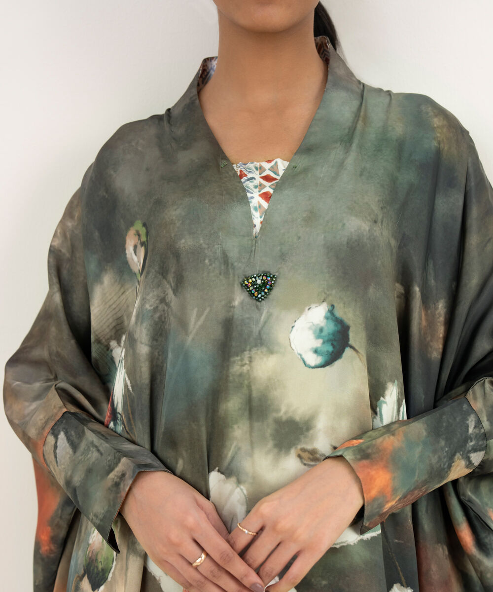 Women's RTW Blended Satin Green Printed Kaftan