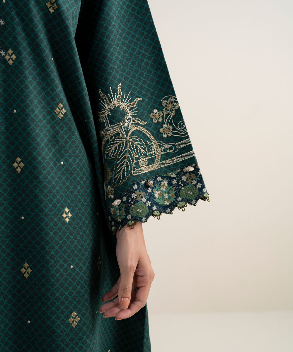 Women's Unstitched Dobby Embroidered Green 3 Piece Suit