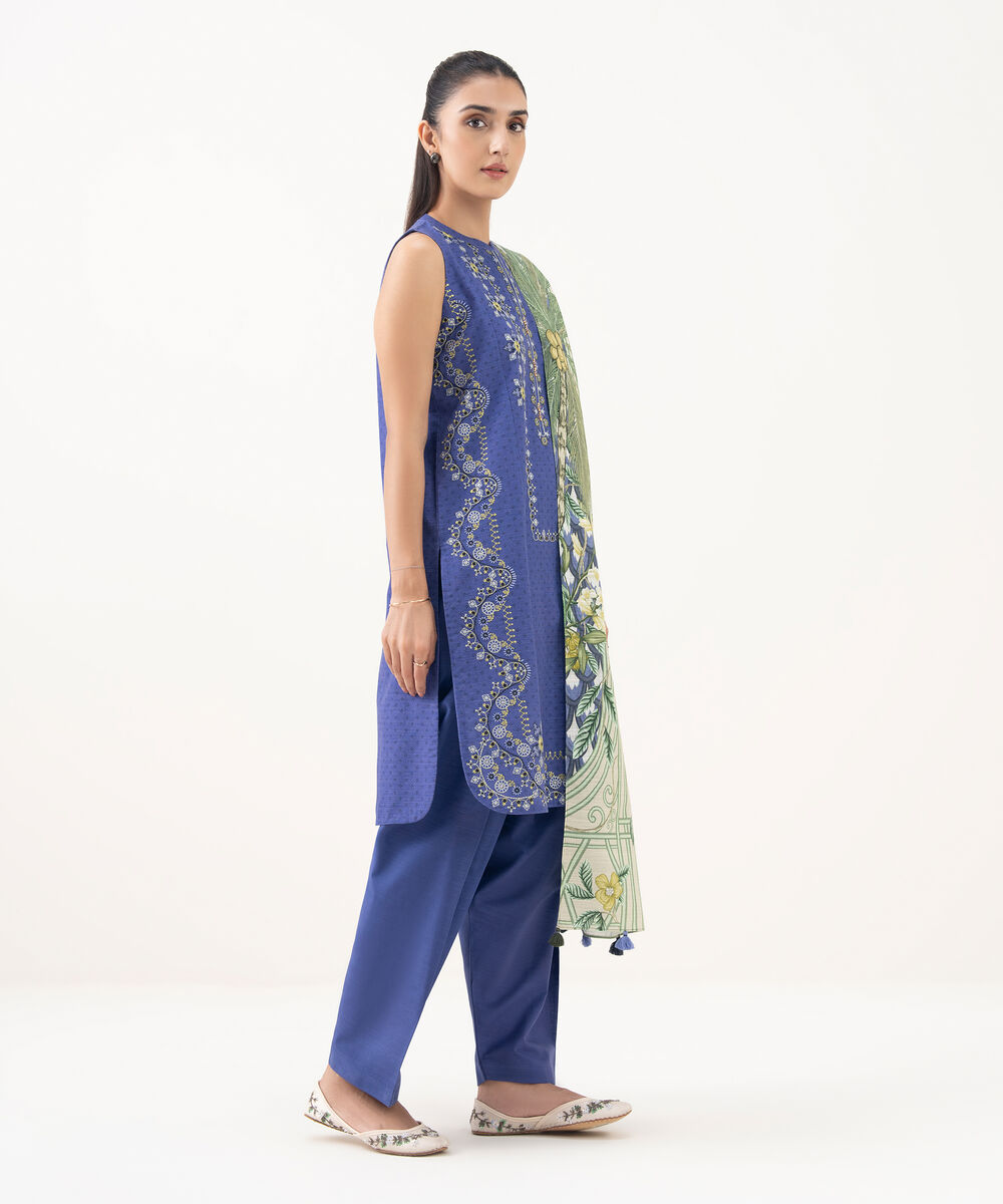 Women's Unstitched Light Khaddar Embroidered Blue  3 Piece Suit