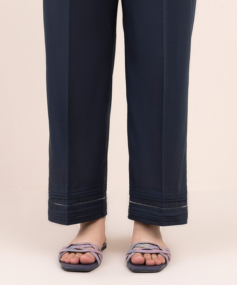 Woman - Blue Solid Crosshatch Straight Pants