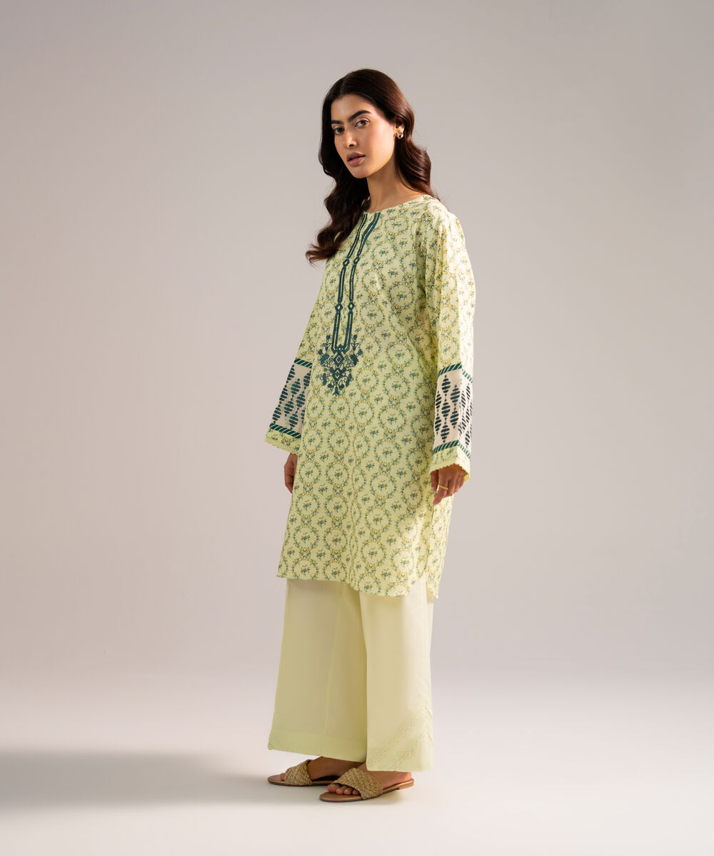 Women's RTW Dobby Embroidered Pale Green Straight Shirt