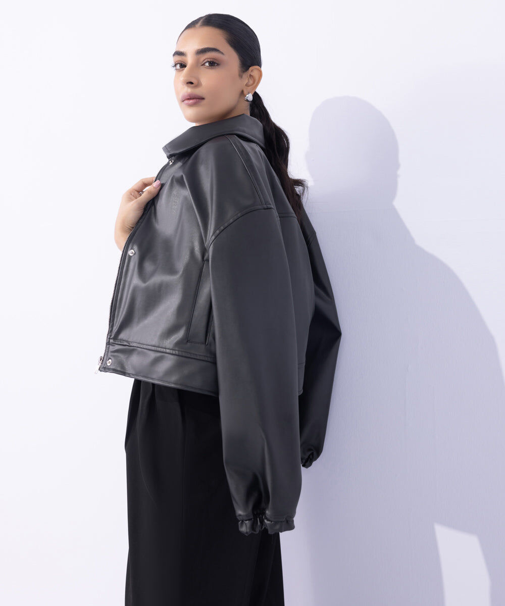 Woman - Black Cropped Faux Leather Jacket