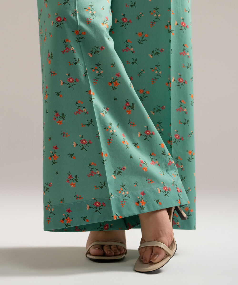Women's RTW Cambric Printed Green  Flared Pants