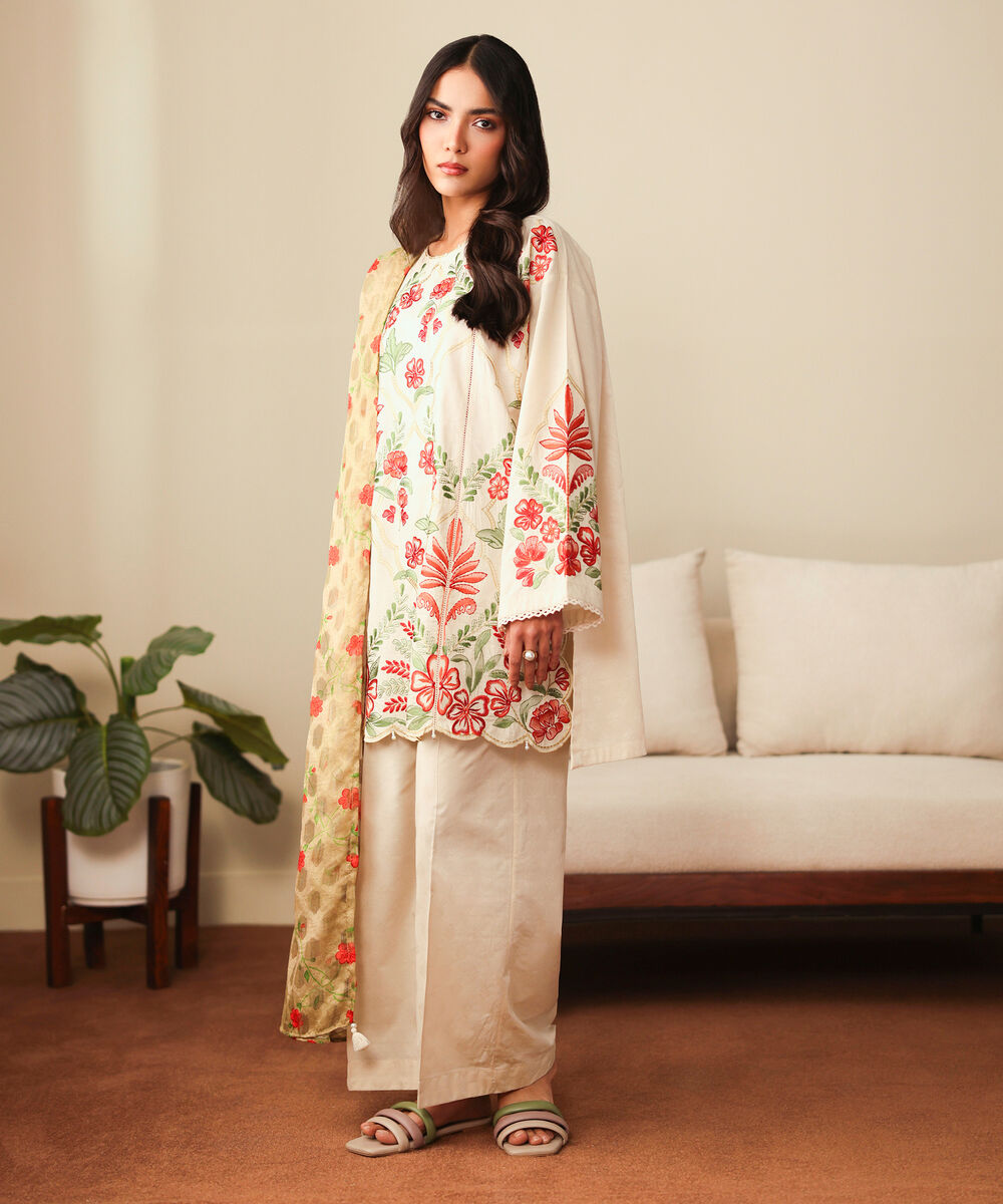 Women's RTW Self Jacquard Solid Beige Flared Pants