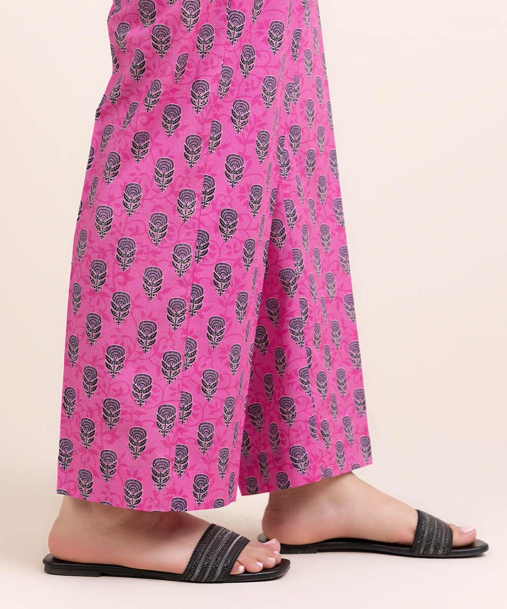 Woman - Pink Printed Cambric Straight Pants