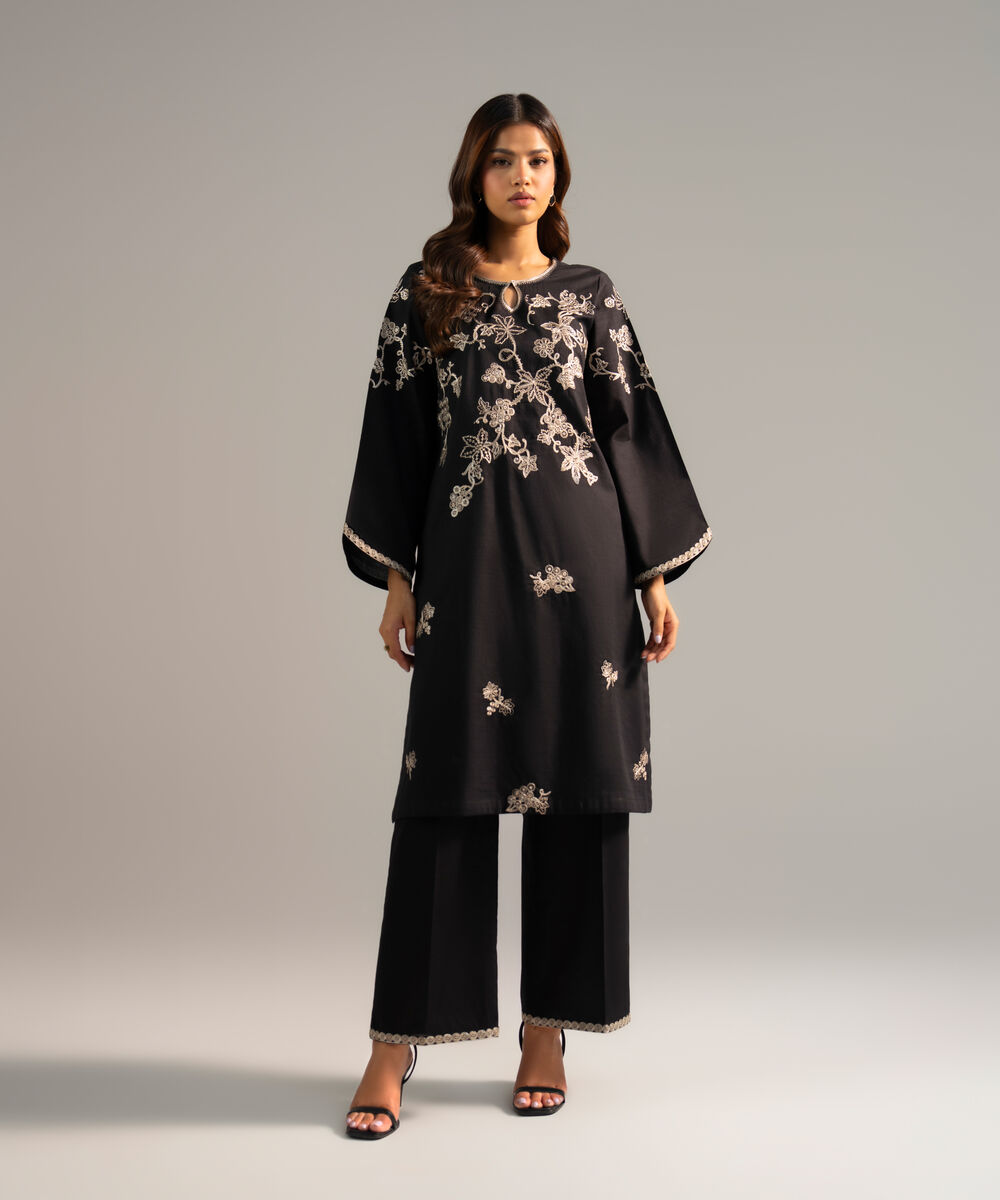 Women's RTW Dobby Embroidered Black Straight Shirt