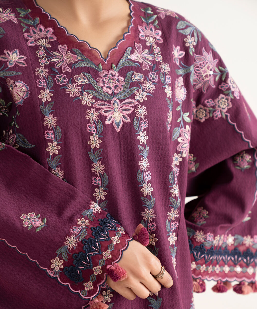 Women's Unstitched Dobby Embroidered Purple 3 Piece Suit