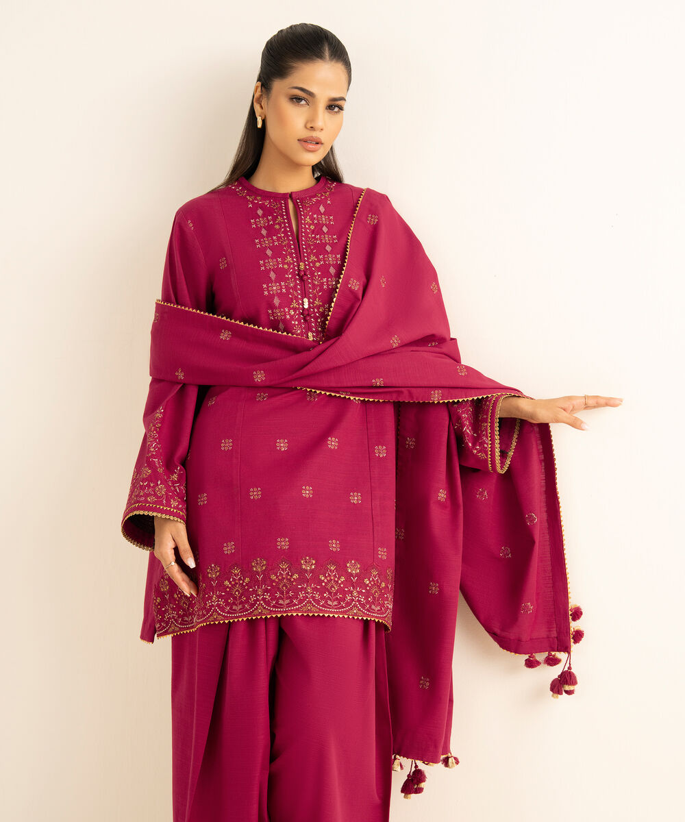Women's Unstitched Cotton Embroidered Red 3 Piece Suit