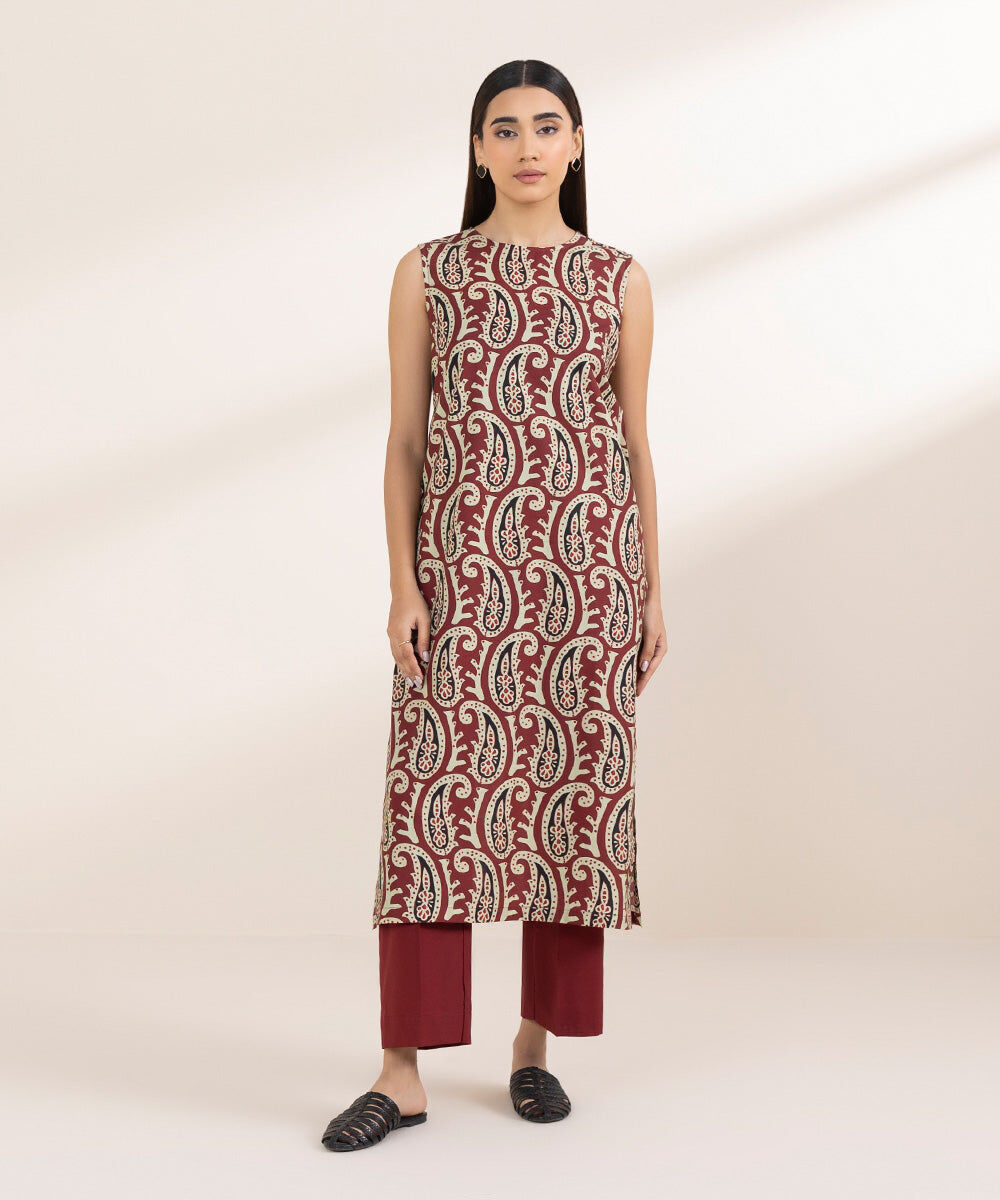 Women's Pret Cambric Red Printed Straight Shirt