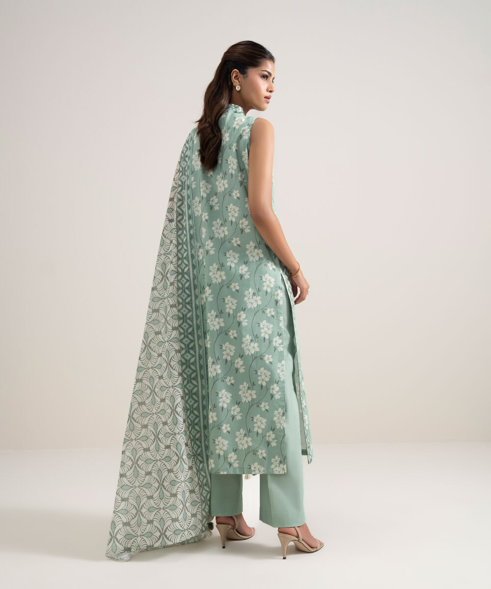 Women's Unstitched Lawn Printed Mint Green and Off White 3 Piece Suit