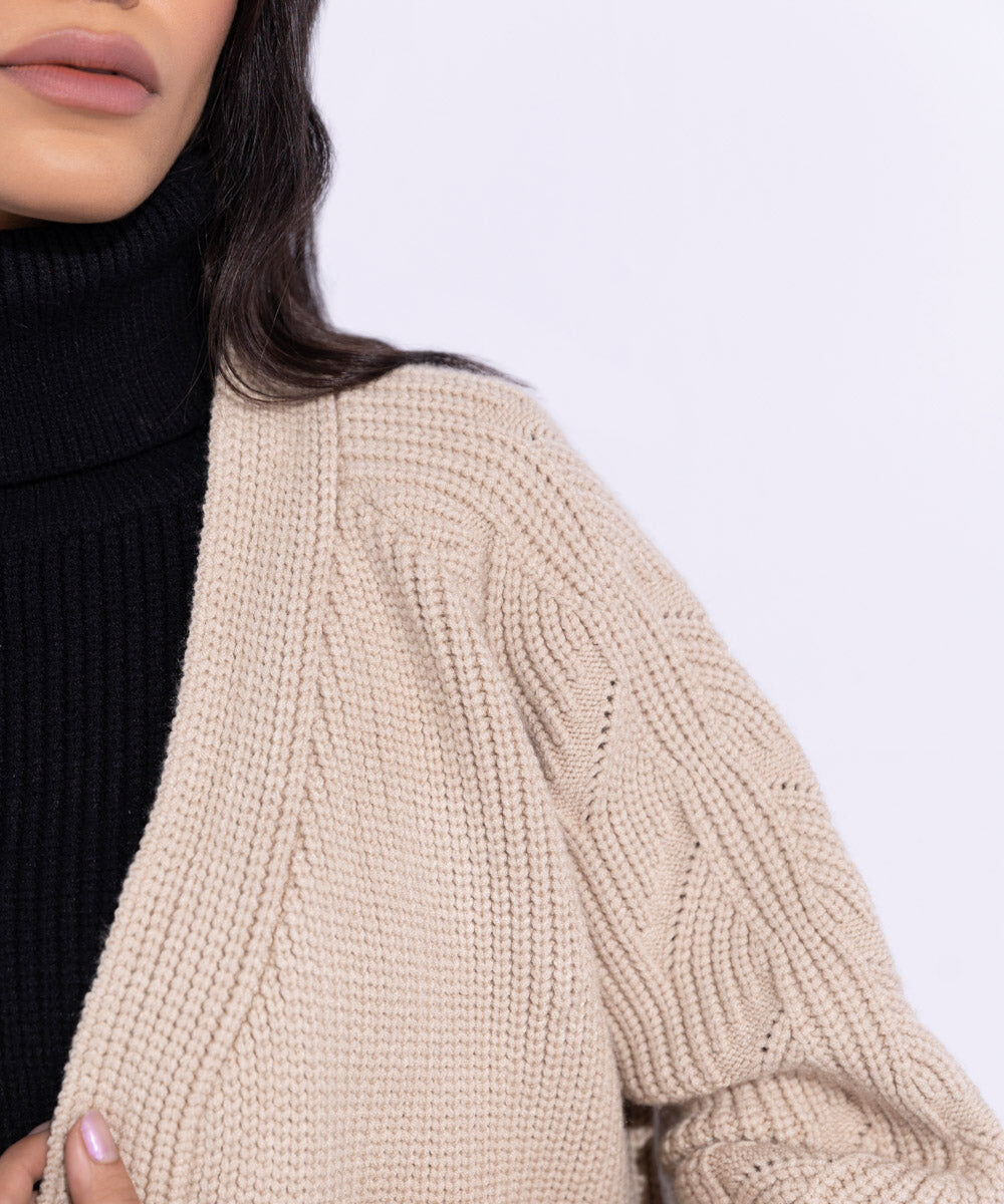 Women's Western Wear Beige Chunky Knitted Cardigan