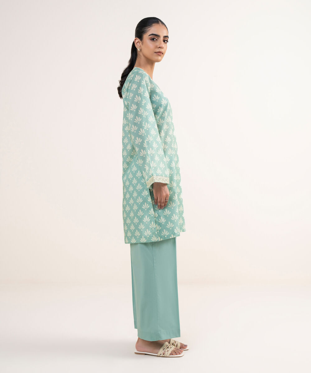 Women's RTW Lawn Teal Embroidered Straight Shirt