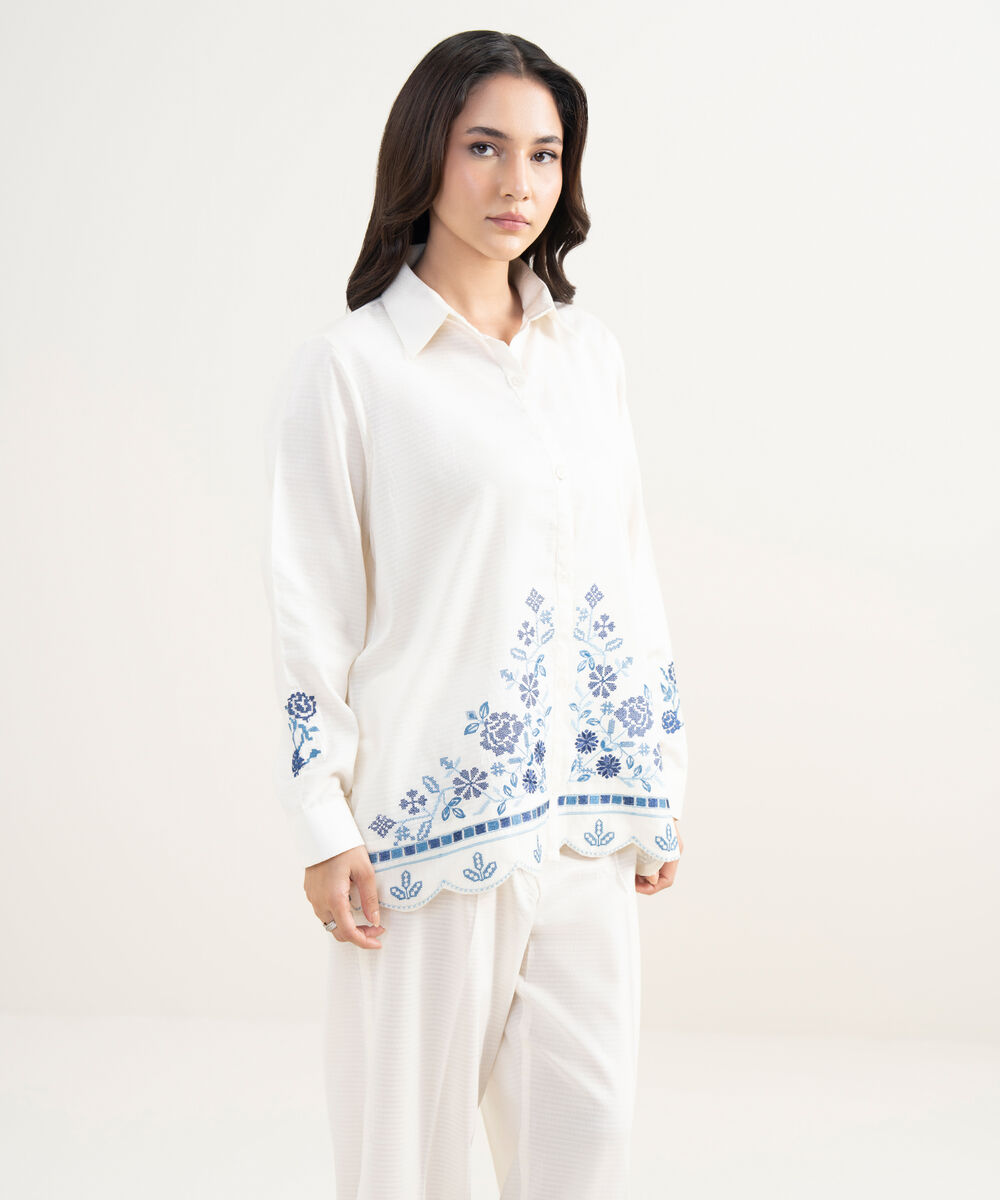 Women's RTW Dobby Embroidered Off White Straight Shirt