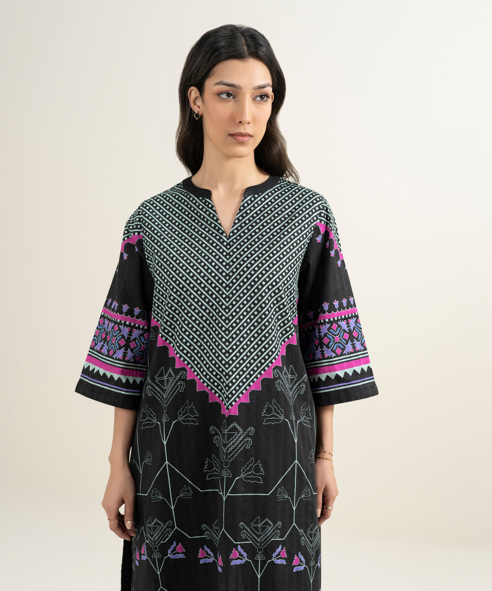 Women's RTW Textured Cotton Printed Black A-Line Shirt