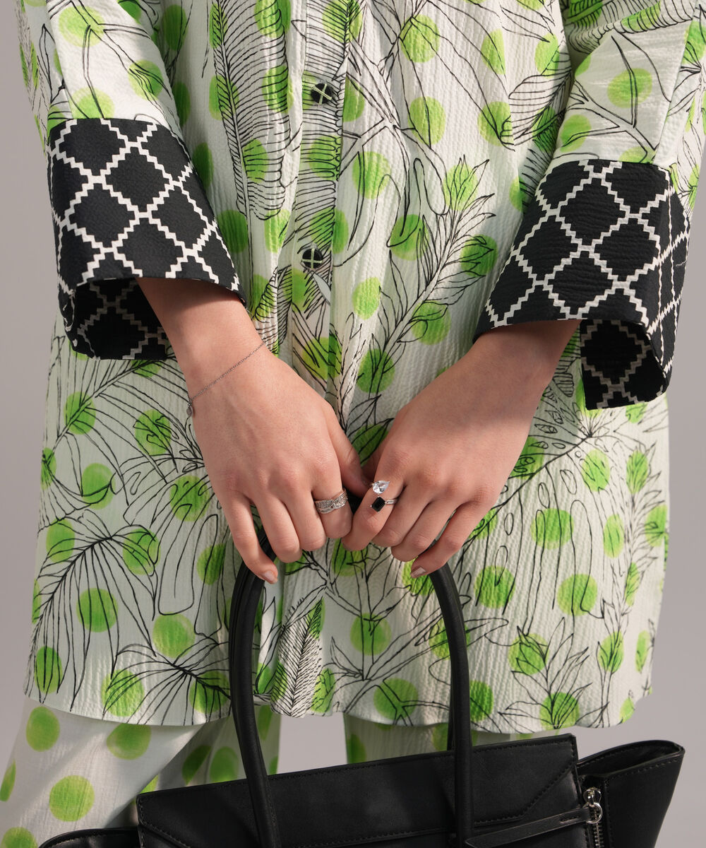 Women's RTW Seersucker Printed Green Drop Shoulder Shirt