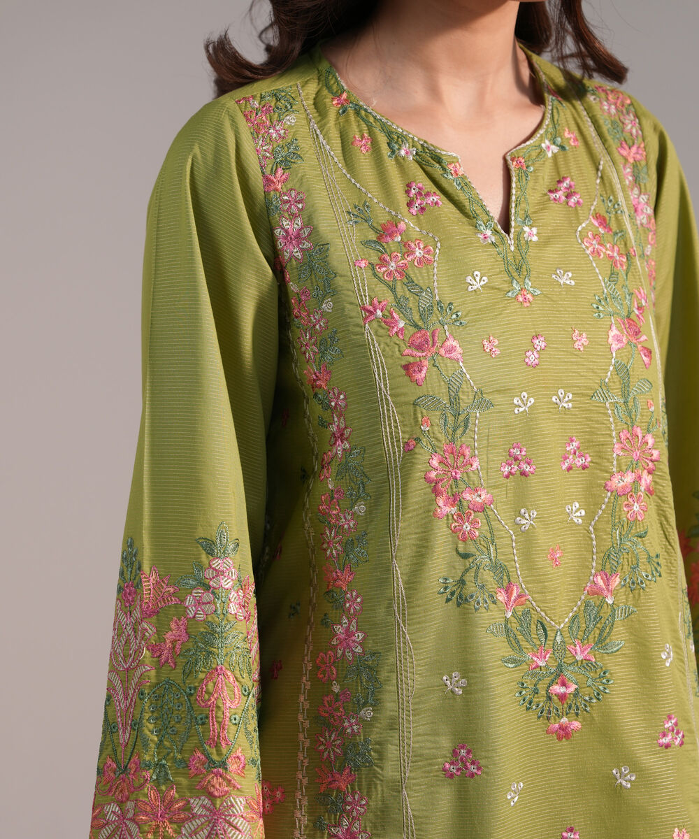 Women's RTW Zari Lawn Embroidered Green 3 Piece Suit