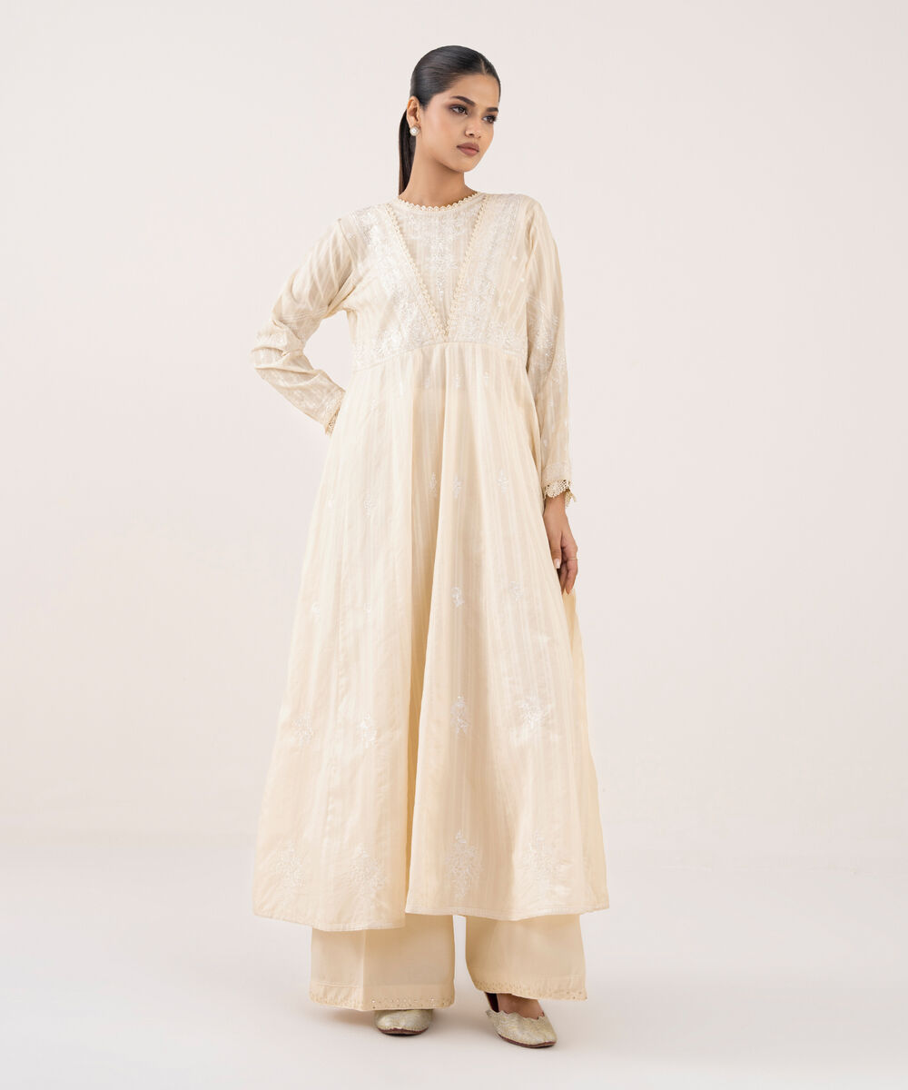 Women's RTW Textured Lawn Off White Embroidered Pishwas