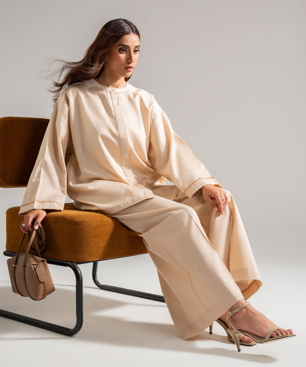 Women's RTW Cotton Linen Solid Beige 2 Piece Suit