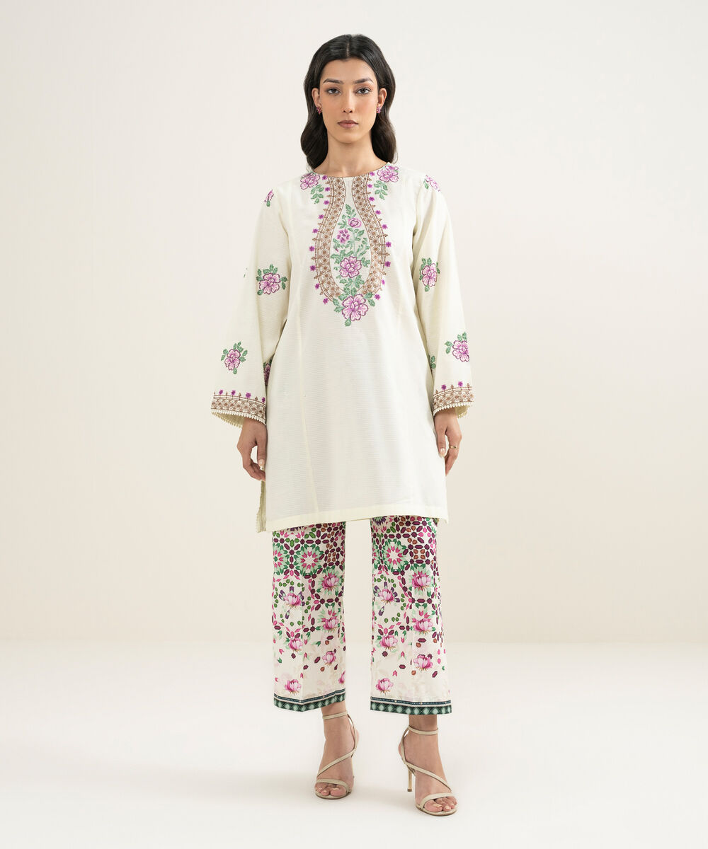 Women's RTW Dobby Embroidered Off White Straight Shirt