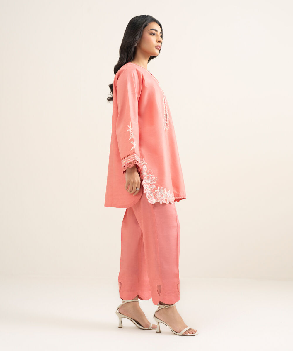 Women's RTW Silk Cotton Net Embroidered Pink 2 Piece Suit