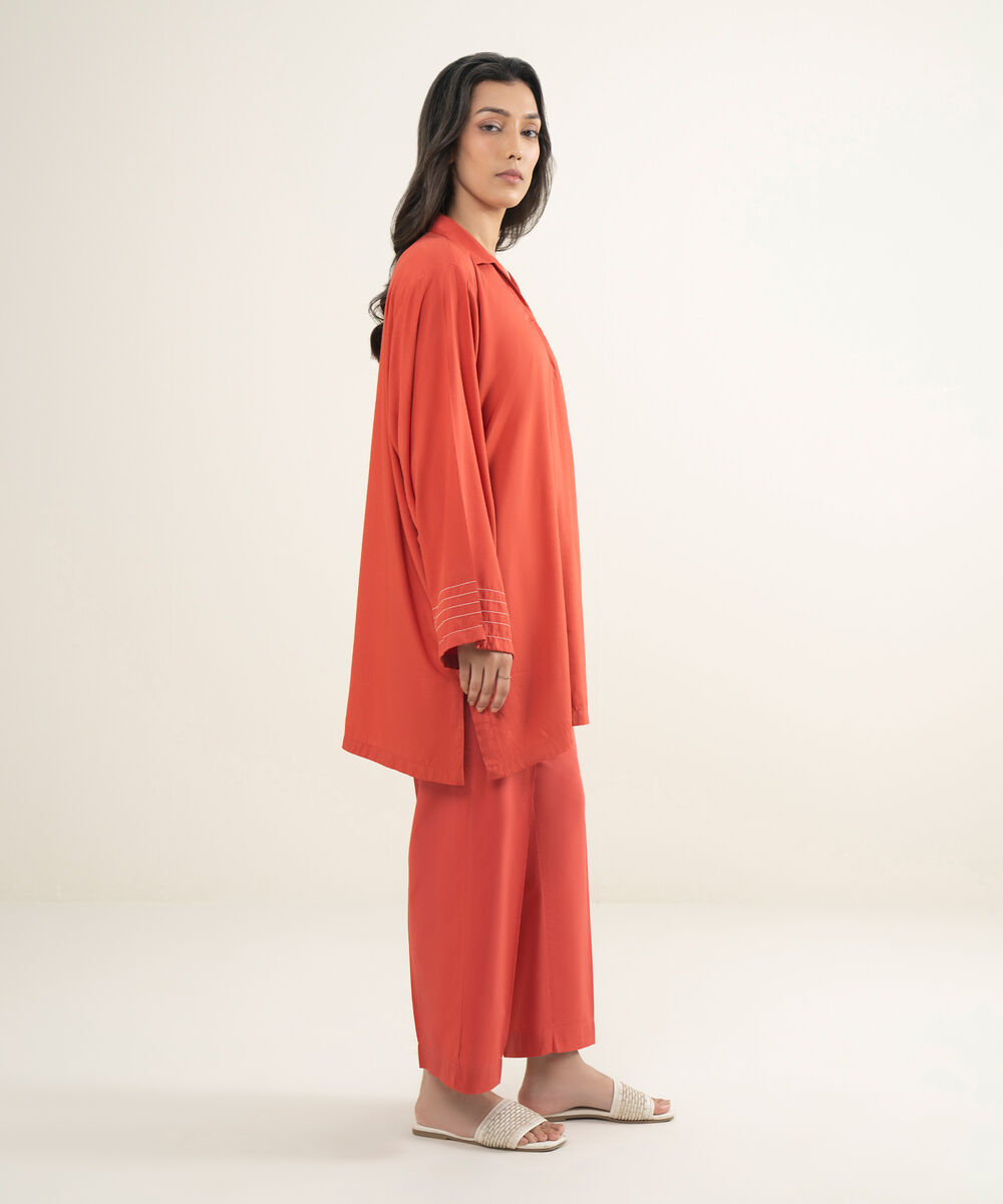 Women's RTW Cambric Solid Orange Straight Pants