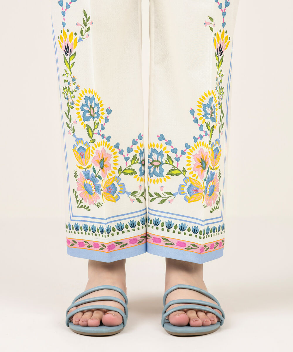 Women's RTW Cambric Printed Off White Straight Pants