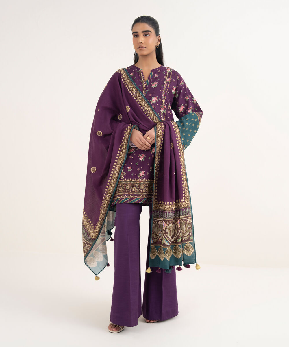 Women's Unstitched Cotton Printed Purple 3 Piece Suit