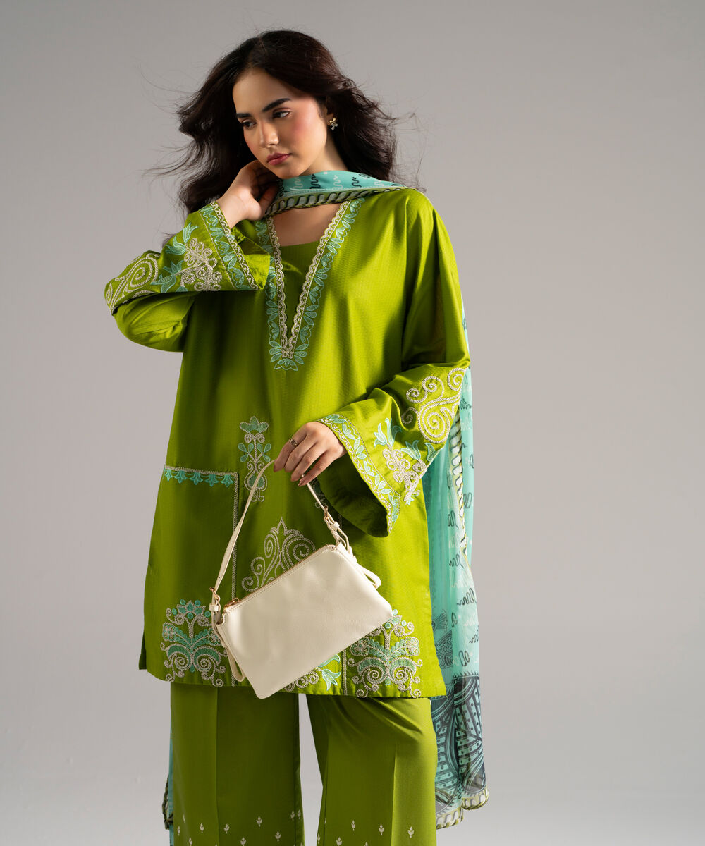 Women's RTW Dobby Embroidered Green 3 Piece Suit