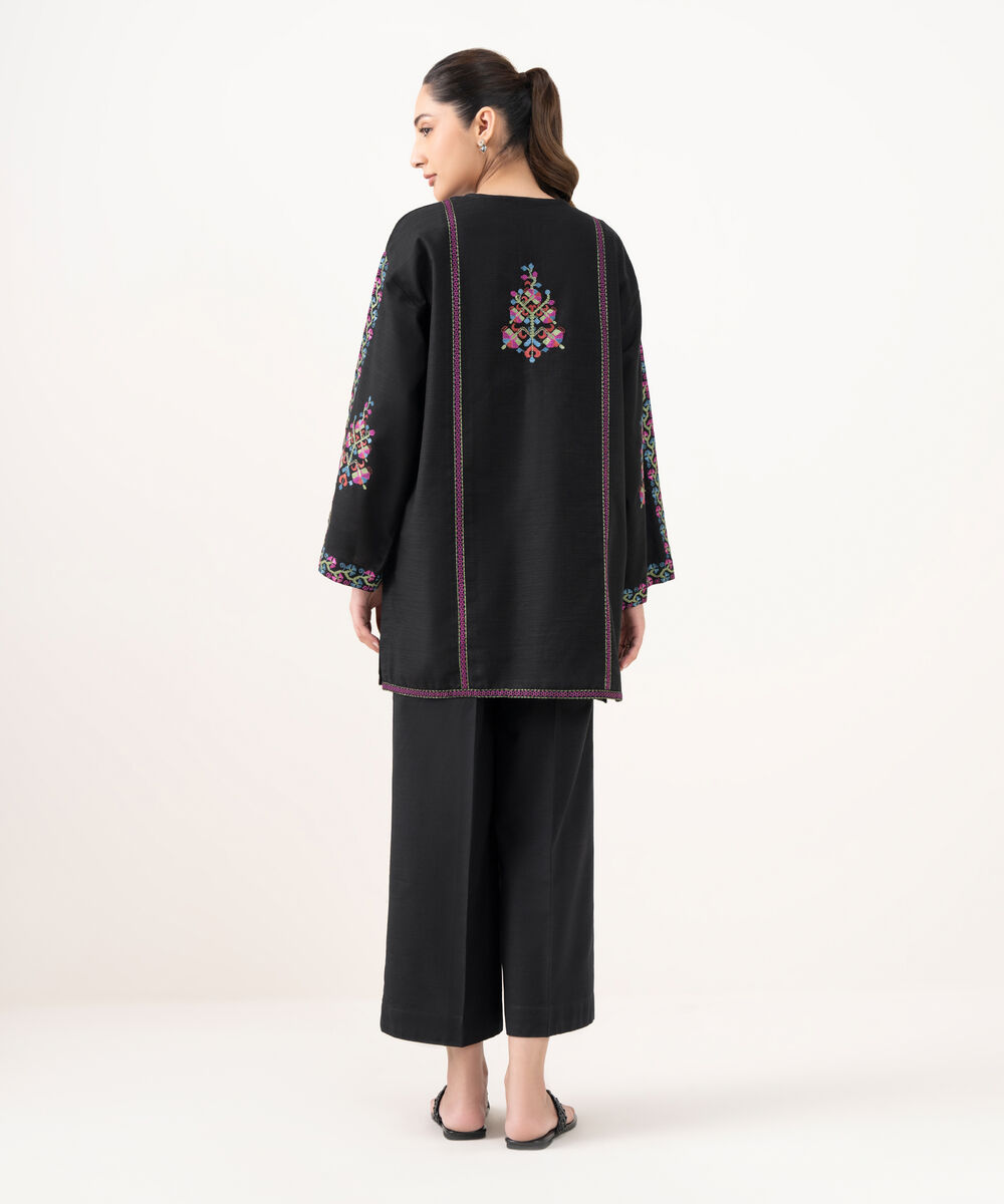 Women's RTW Cotton Embroidered Black Drop Shoulder Shirt