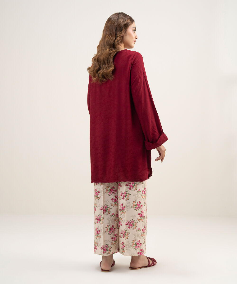 Women's RTW Arabic Self Jacquard Solid Maroon Straight Shirt