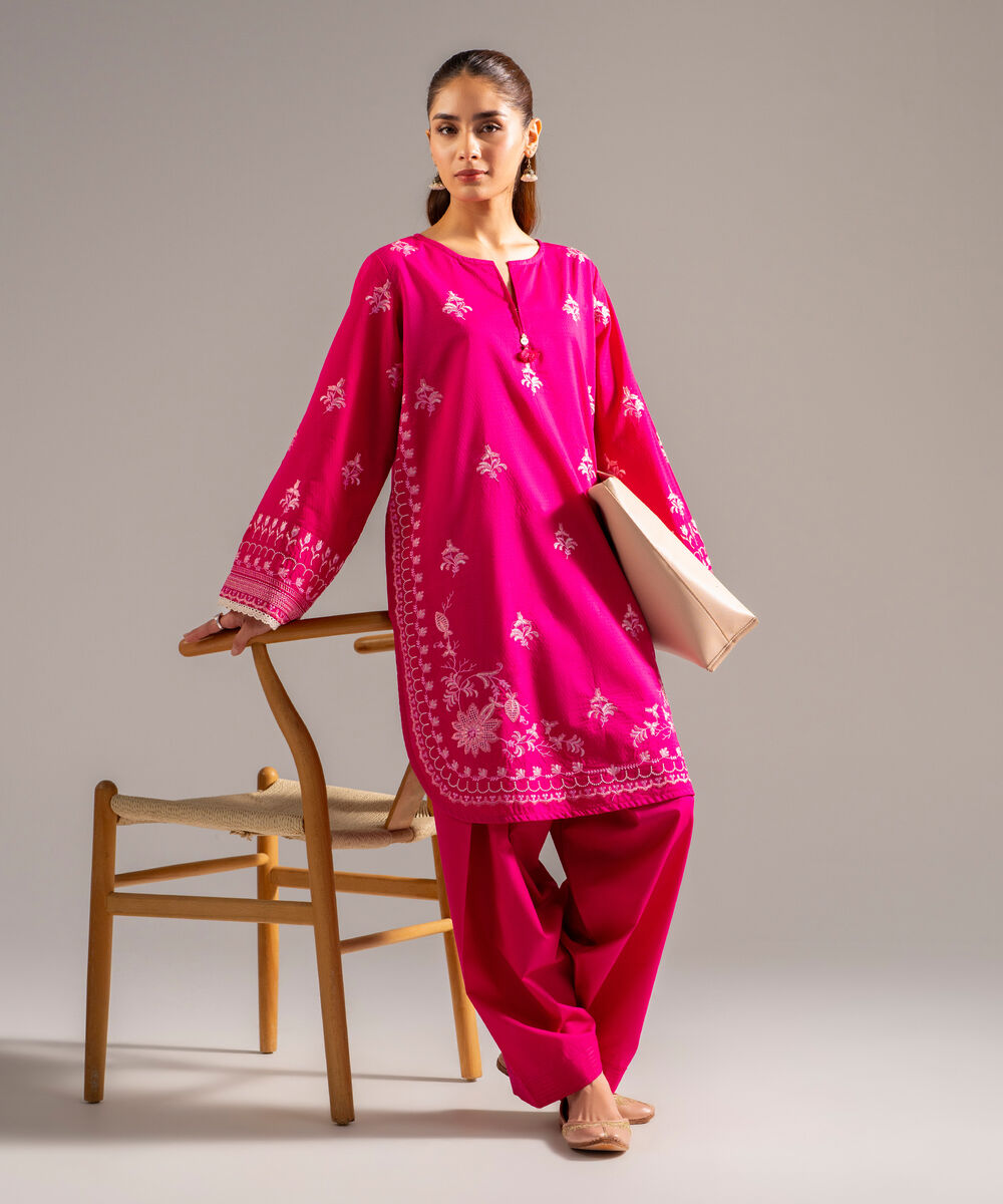 Women's RTW Dobby Embroidered Pink 2 Piece Suit