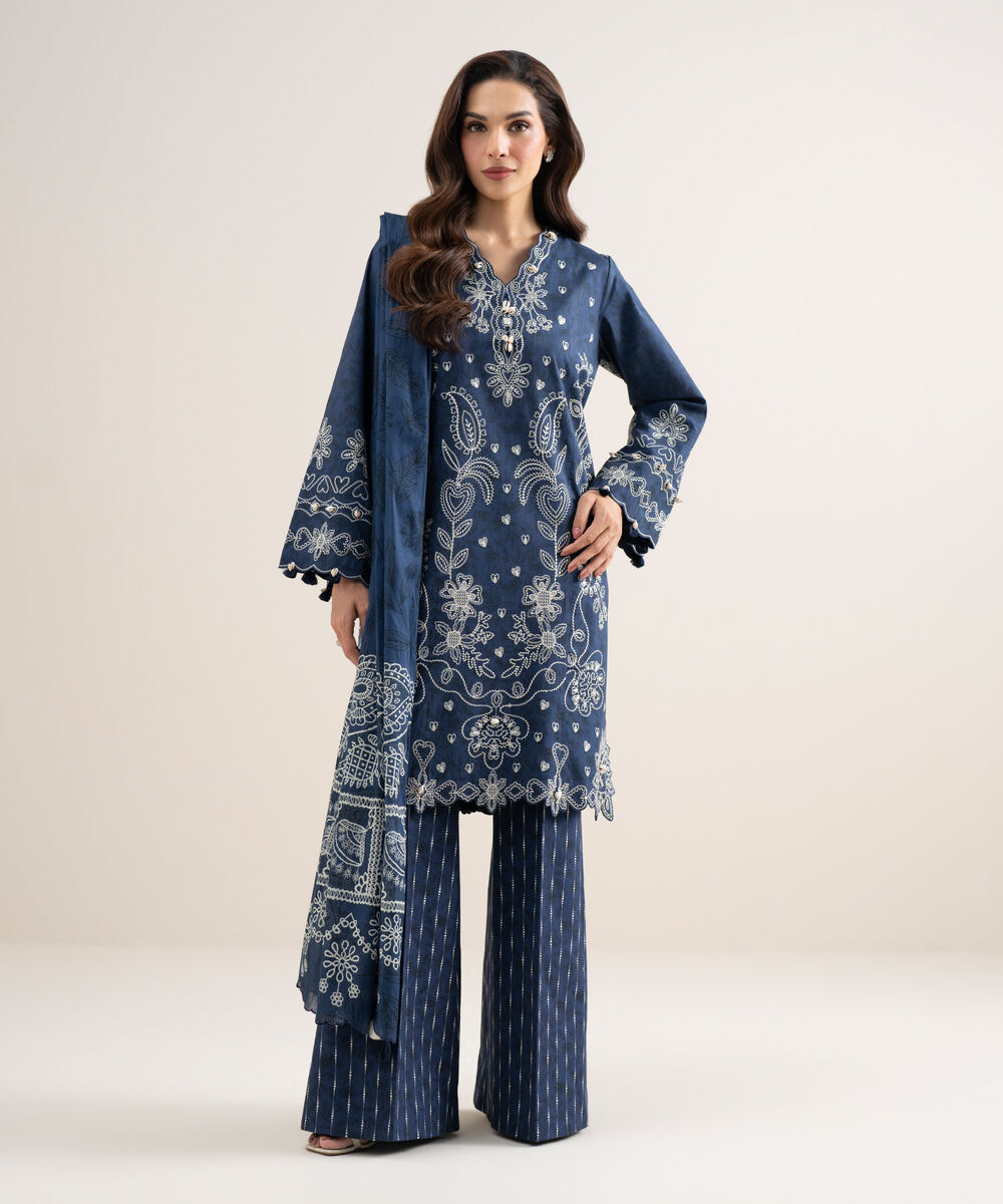 Women's Unstitched Lawn Embroidered Blue 3 Piece Suit