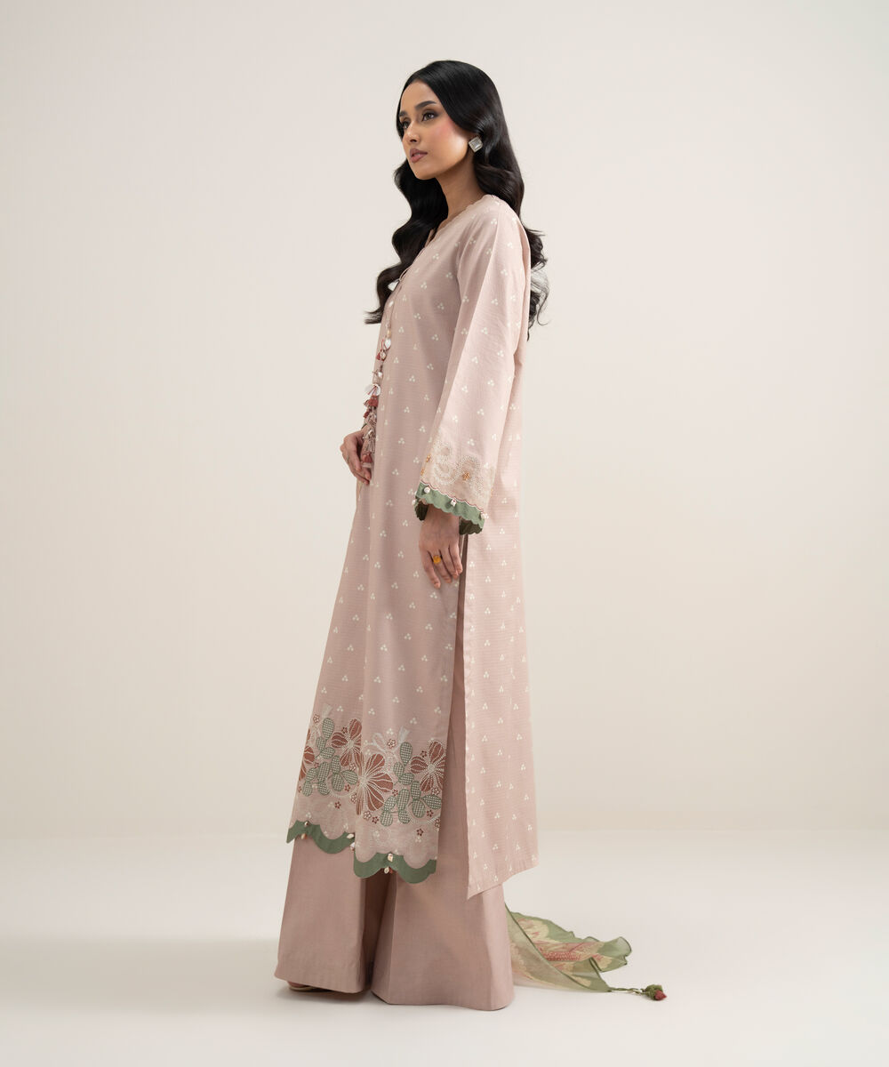 Women's Unstitched Dobby Embroidered Tea Pink 3 Piece Suit