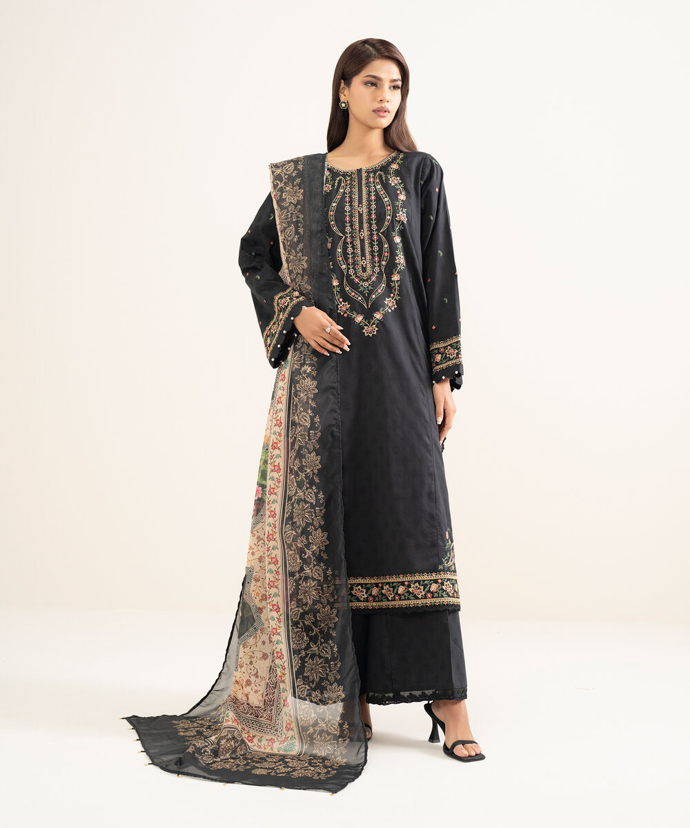 Women's RTW Self Jacquard Embroidered Black A-Line Shirt