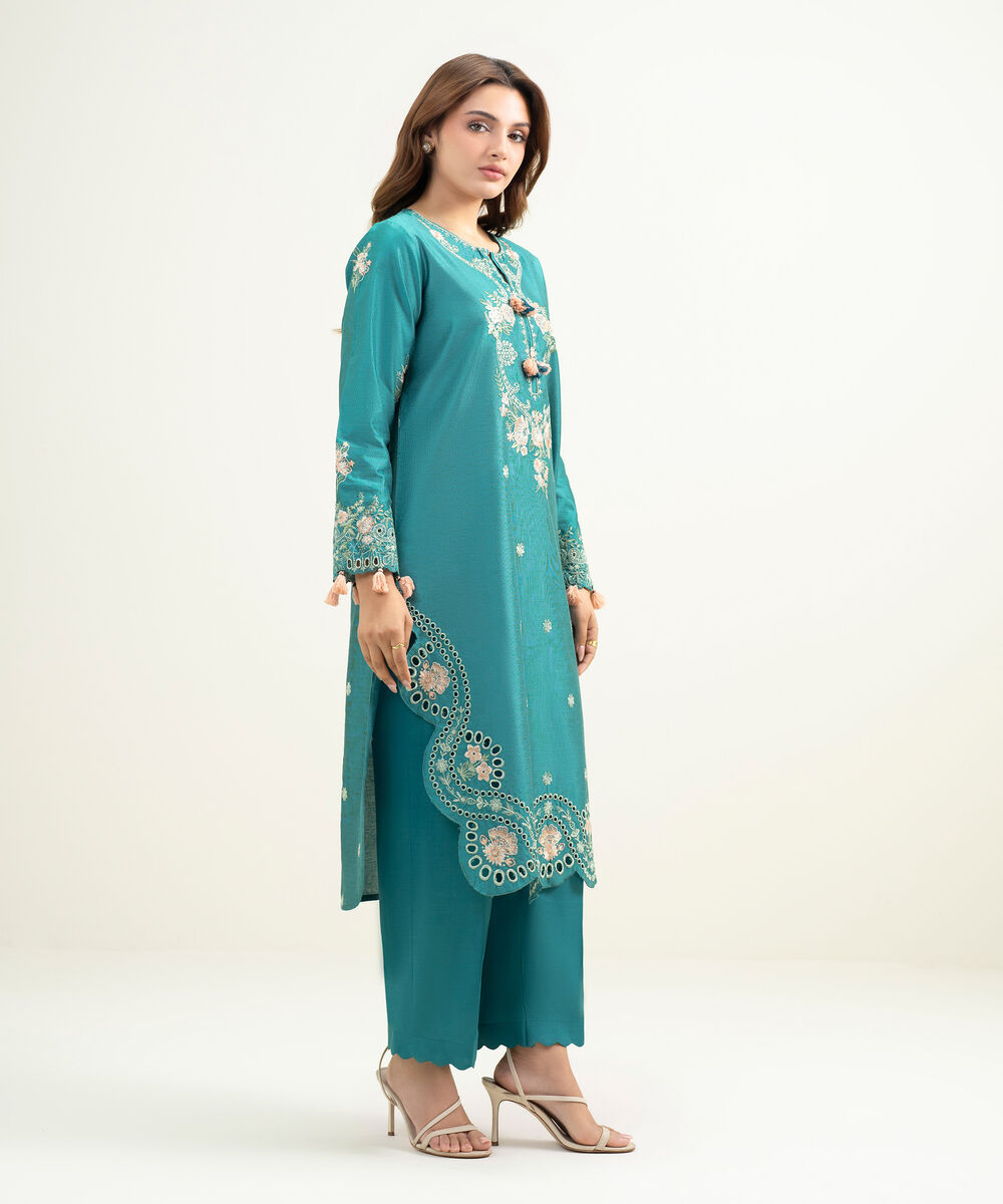 Women's RTW Silk Cotton Net Embroidered Teal 2 Piece Suit