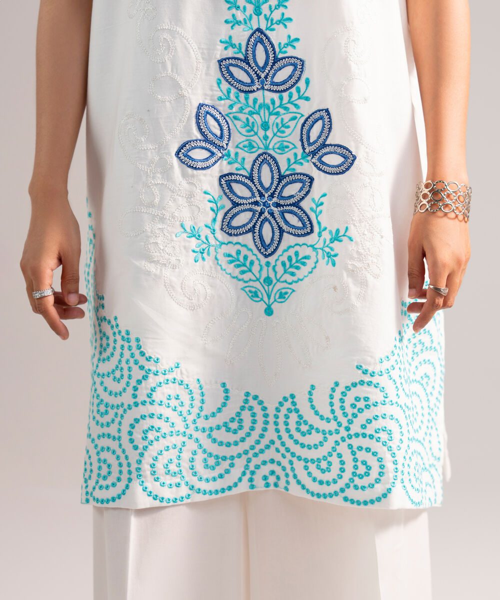 Women's RTW Cotton Satin Embroidered White 2 Piece Suit